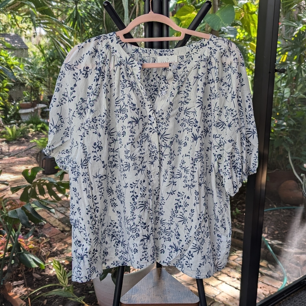 Floral Blue and White Women's Top 100% Cotton